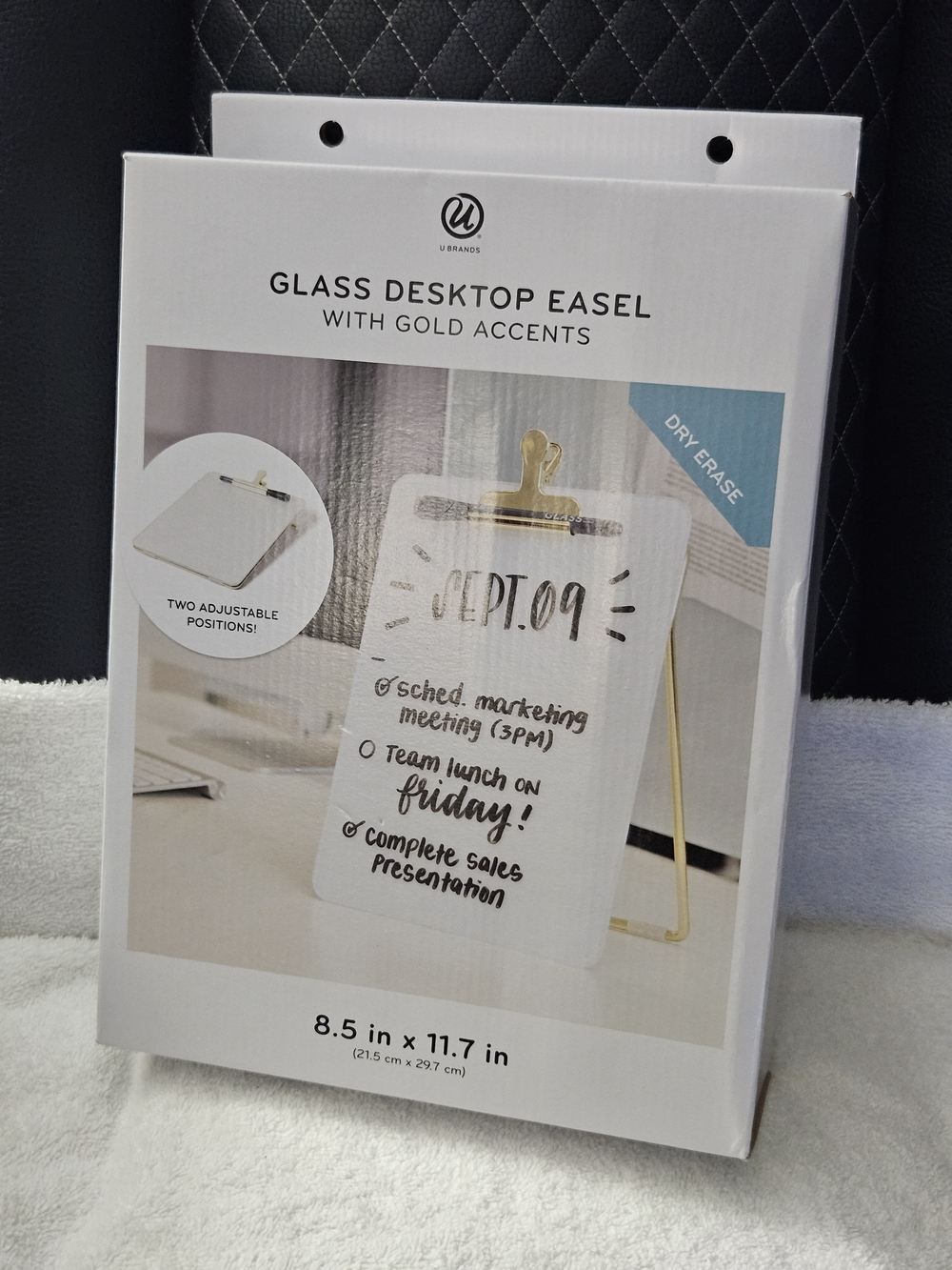 U Brands Glass Desktop Easel White Gold Accents 8.5x11.7 Dry Erase Whiteboard